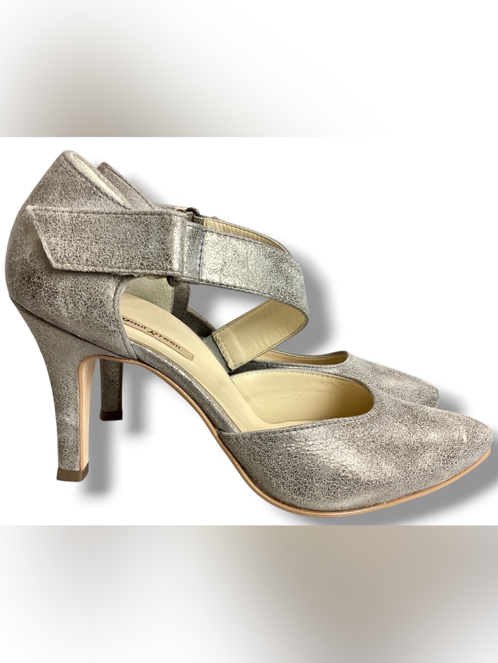 Paul Green Metallic Taupe Leather Heels Pumps Crackle Pointed Toe